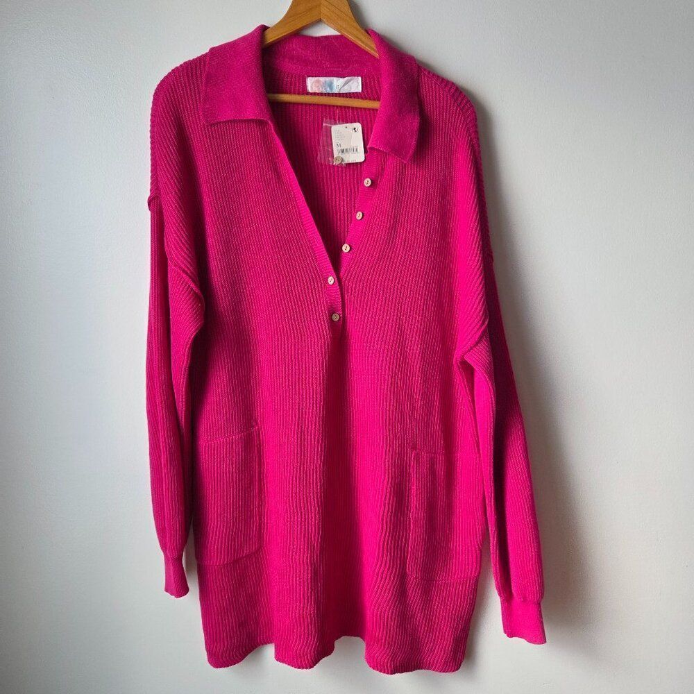 NWT FREE PEOPLE BEACH HOT PINK 1/2 BUTTONED LINEN/COTTON BLEND SWEATER SIZE M